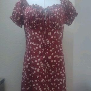 Shein XL Floral Burgundy White Floral Puff-Sleeve All Over Smocked Front & Back